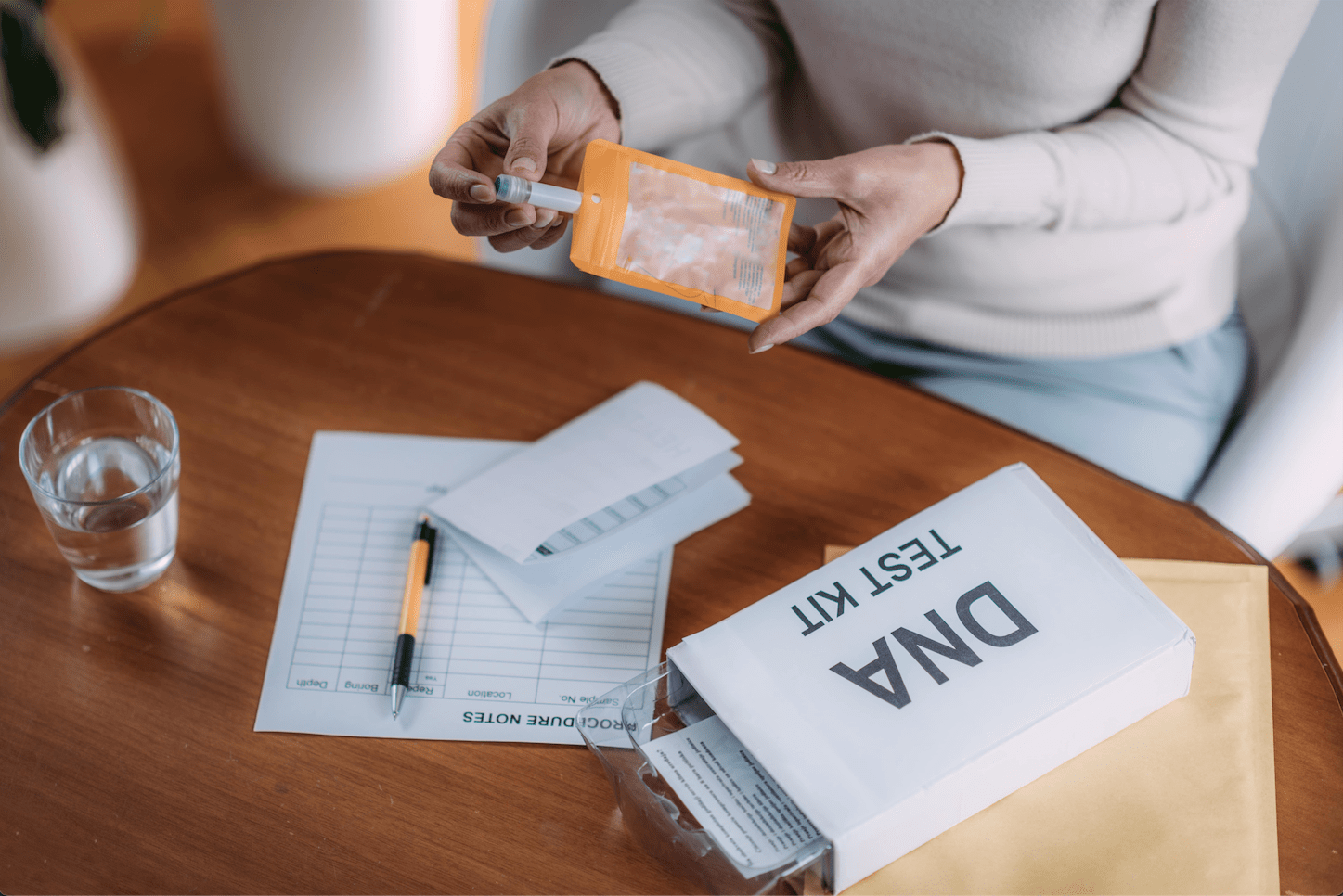 Picture of a woman assembling an at-home dna test kit.
